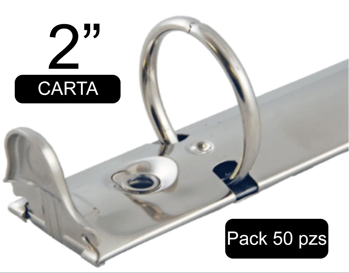 Mecanismo tamaño carta con tres argollas abatibles de 2 pulgadas y terminado niquelado. Capacidad para 420 hojas, incluye palancas laterales para apertura y remaches para montaje. Ideal para encuadernación de carpetas, directorios o catálogos. Pack de 50 piezas con envío a toda la república. Mecanismo tamaño carta con tres argollas abatibles de 2 pulgadas y terminado niquelado. Capacidad para 420 hojas, incluye palancas laterales para apertura y remaches para montaje. Ideal para encuadernación de carpetas, directorios o catálogos. Pack de 50 piezas con envío a toda la república.